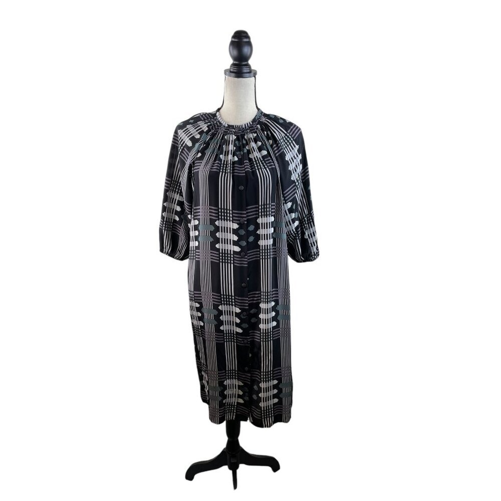 Vintage Geometric Print Black Button-Down Midi Dress With Ruched Collar & Puff S